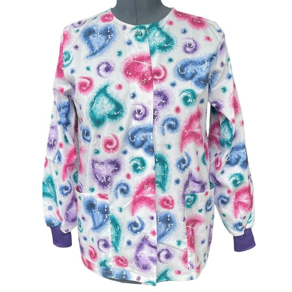 SPECTRUM Medical Scrub Coat Jacket Women's Sizes S/M‎ White Hearts Snap NEW